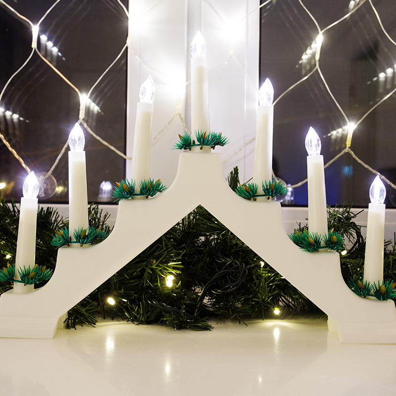 Новогодняя горка 7 свечек, цвет корпуса: Белый, цвет свечения: ТЕПЛЫЙ БЕЛЫЙ NEON-NIGHT 501-081 фото